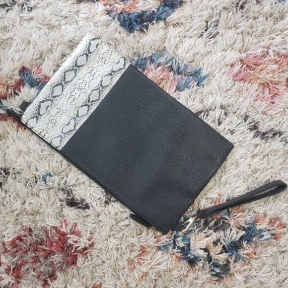 Faux Leather Snakskin Black Envelope Clutch Bag Purse Neutral Minimalist - Picture 3 of 7